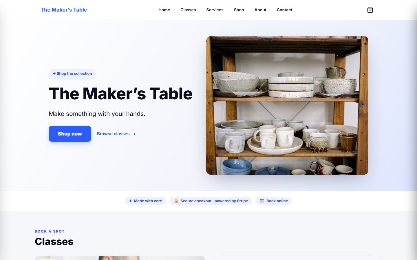 A Talkshop storefront — The Maker's Table — on desktop